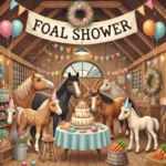 DALL·E 2024 10 03 12.28.08 A whimsical scene of a baby shower but for horses. There are festive decorations like balloons streamers and a banner that says Foal Shower hangi